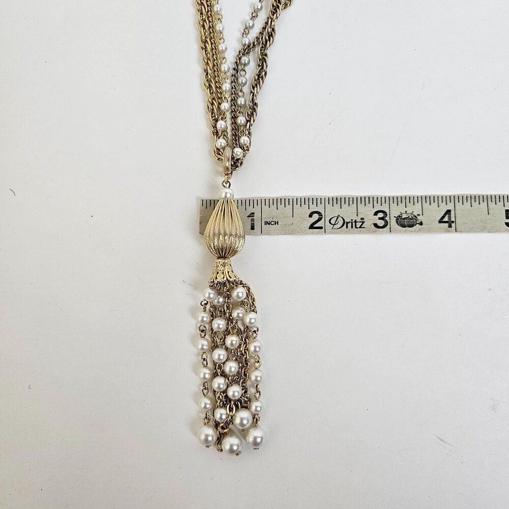 Vintage Triple Strand Faux Pearl Gold Tone Metal Tassel Beaded Pendant Necklace - Picture 6 of 10